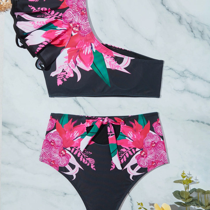 Dame Højt skåret Bikini-sæt med asymmetrisk top og legende volant Stilla