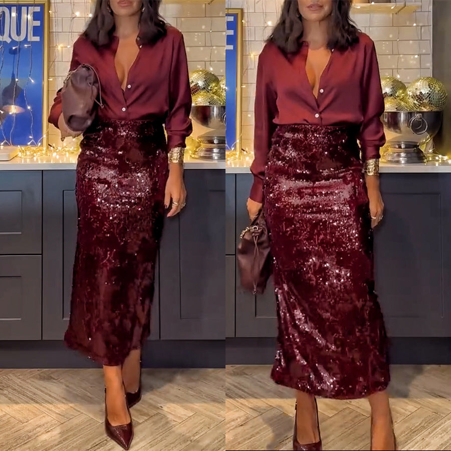Dame Elegant Bluse med glat satin-overflade og dyb udskæring Stiila