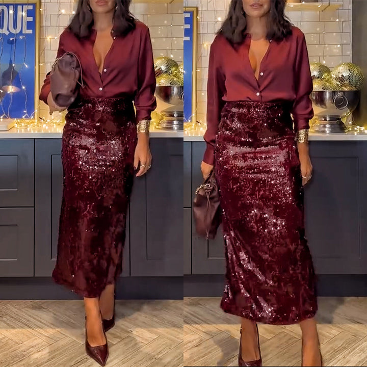 Dame Elegant Bluse med glat satin-overflade og dyb udskæring Stiila