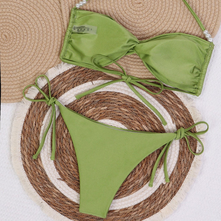 Dame Bandeau-bikini med elegante perlesnore Skovae