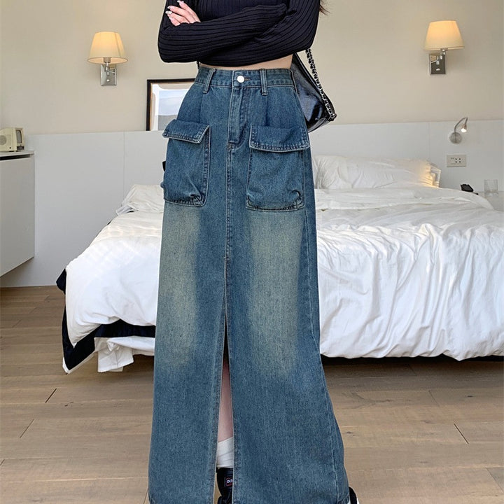 Kvinders lange denimnederdel med praktiske patchlommer Stilla