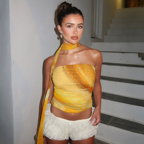 Dame Crop-Top med innovativt draperingsdesign og raffinerede flæsedetaljer Stilla