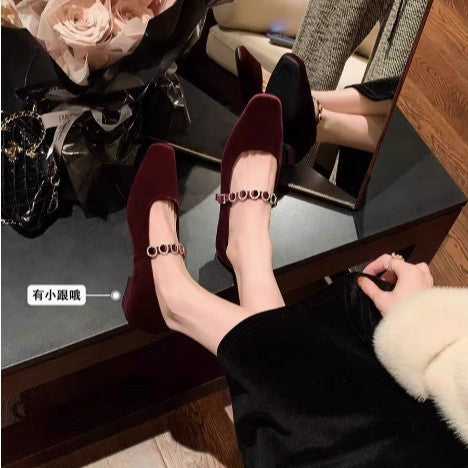 Femme Elegante Square-Toe Mary Jane Ballerinaer med dekorativ ankelrem Stilla