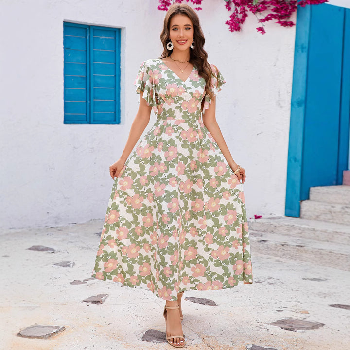Dame Flydende Floral Maxi Kjole med Flæseærmer Stilla
