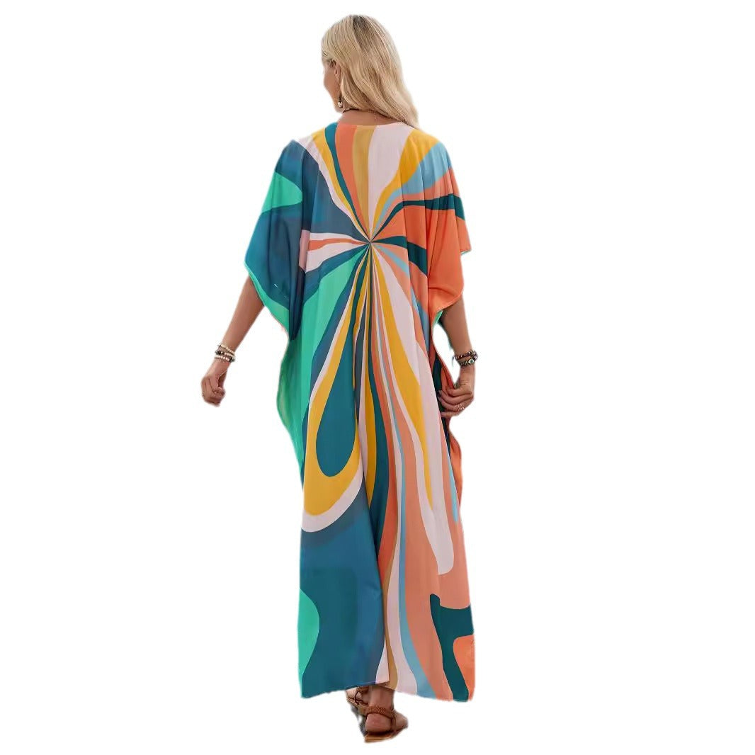 Dame kaftan-kjole med farverigt spiral-design og V-udskæring Stilla