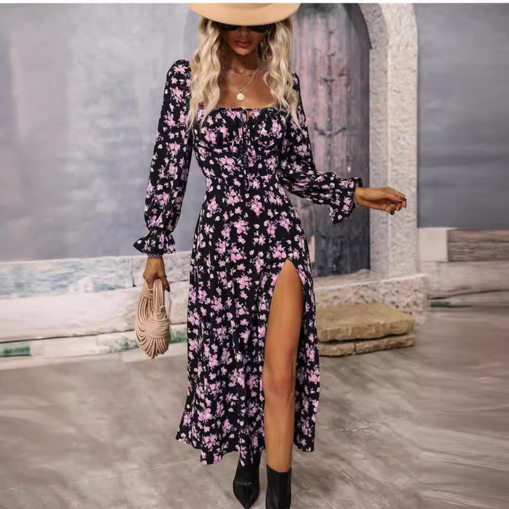 Dame maxikjole med dyb slids og floral design Stilla