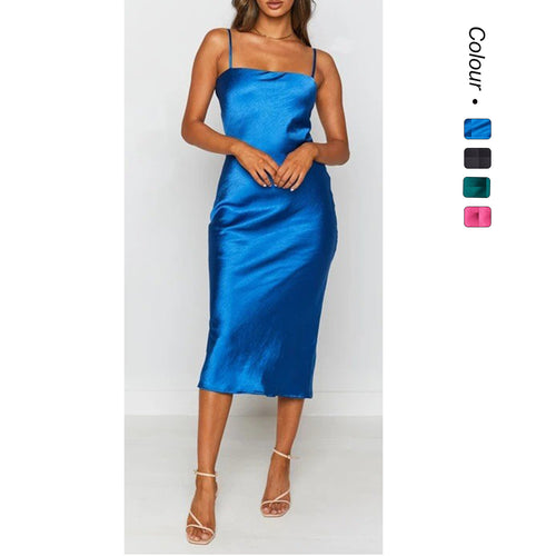 Women's satin midi dress with narrow spaghetti straps and elegant cut Skovae