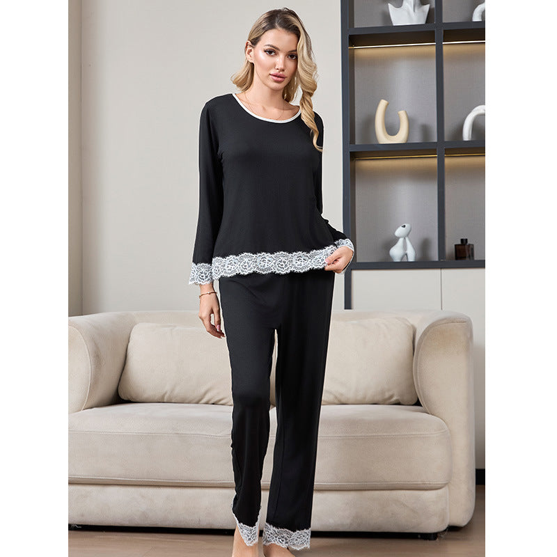 Dame Pyjama-sæt med elegant spidskant og langærmet top Stilla