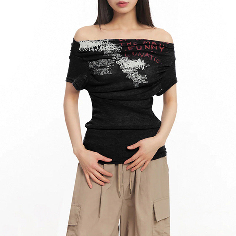 Dame Off-Shoulder T-Shirt med kunstnerisk tryk og tætsiddende pasform Skovae