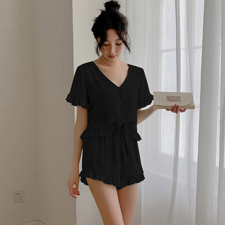 Dame Pyjama-sæt med voluminøst flæse design og elegant bælte Stilla