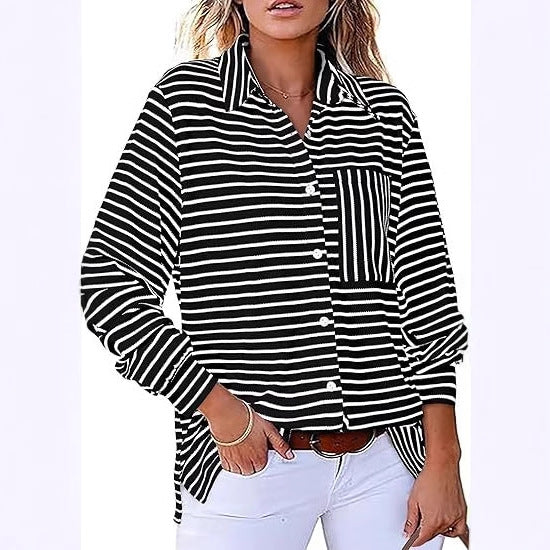 Damer Casual Stribet Bluse med Lomme og Knapstolpe Stilla