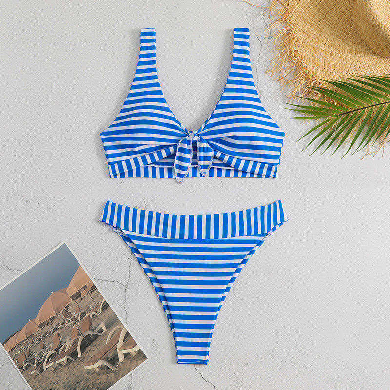 Dame To-delt Bikini-sæt med fashionable knude-detalje og klassisk stribemønster Stilla