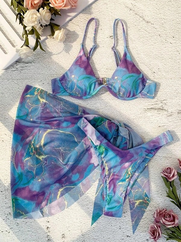 Dame Floral Print Bikini Sæt med matchende Wrap Skirt Stilla