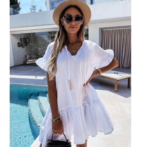 Femme Bohemian Ruffle Layer Mini Kjole med Frynse Detaljer Stilla