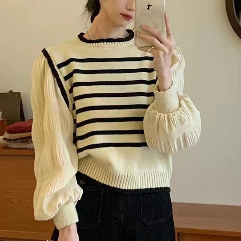Kvinders stribede sweater med pufærmer og ribdetaljer Stilla