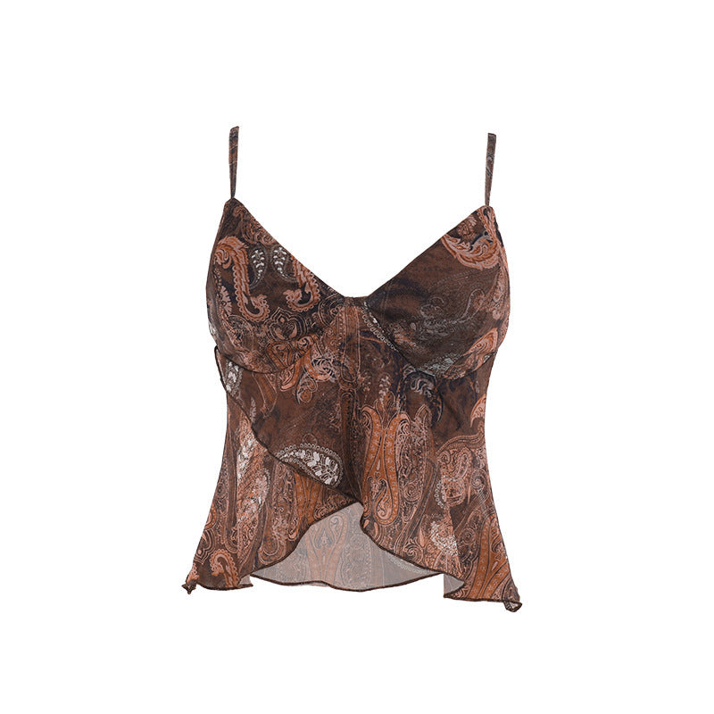Damer spaghetti strop blouse top med dekorative flæsedetaljer Skovae