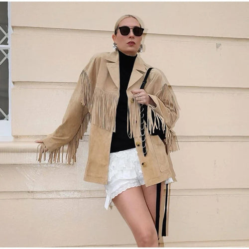 Dame Mode Suede Jakke med Frynser Stilla