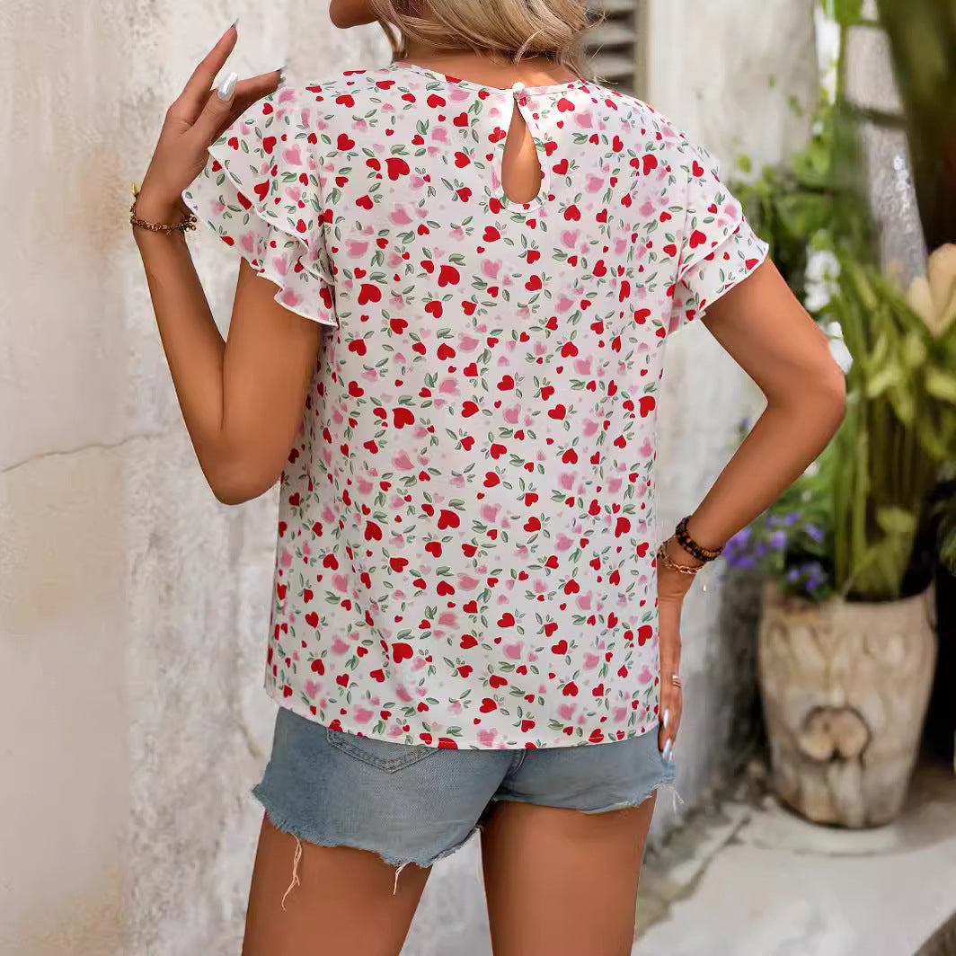 Dame elegant bluse med glad hjertemotiv og rynkedetaljer Stilla