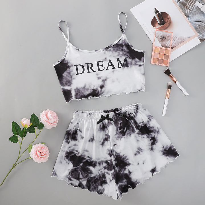 Dame fritids-crop-top og shorts-sæt med moderne tie-dye-mønster Stilla