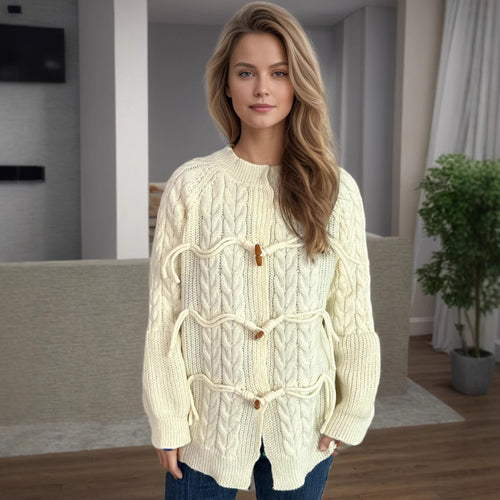 Women's chunky knit cardigan with unique drawstring and decorative wooden buttons Stilla