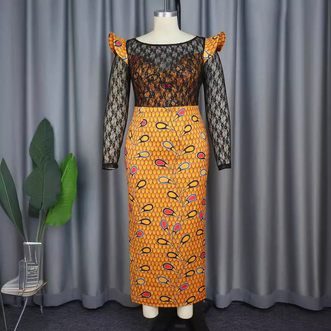 Dame Elegant Langærmet kjole med floral mønster og transparent spidstopføring Skovae