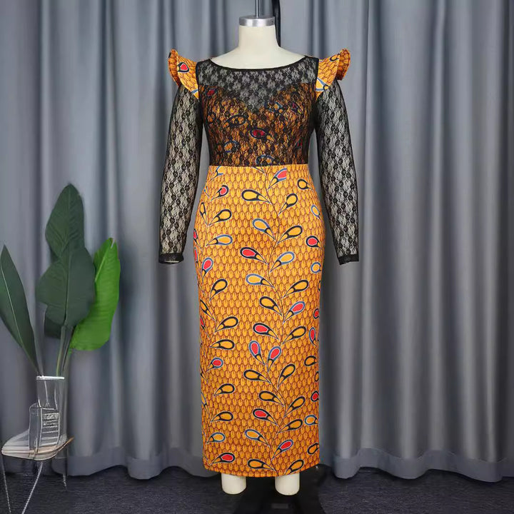 Dame Elegant Langærmet kjole med floral mønster og transparent spidstopføring Skovae