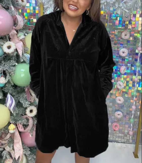 Dame luksuriøs velour skjortekjole med knap og legende snit Stilla