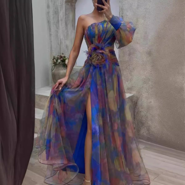 Dame Elegant Maxi Kjole med Asymmetrisk Design og Blomster Accenter Skovae
