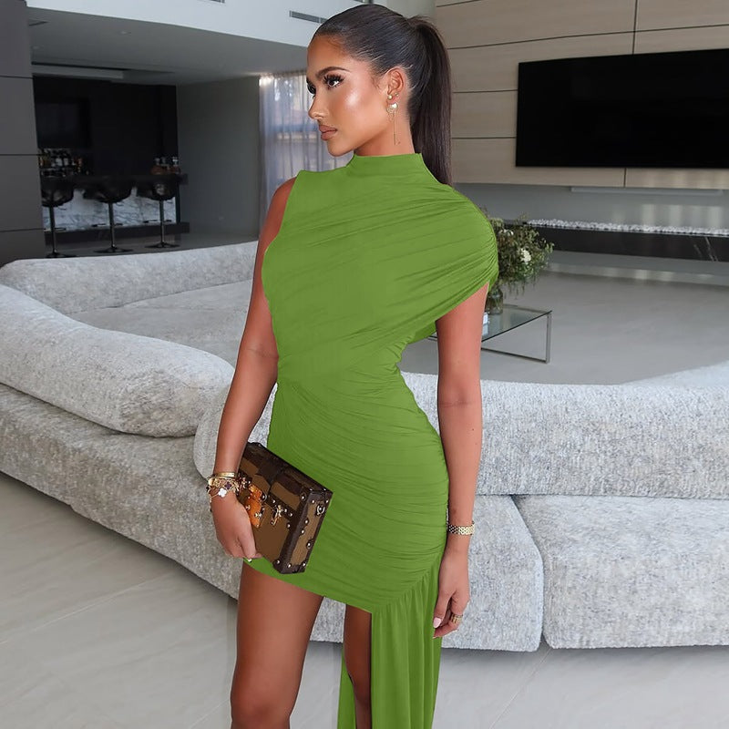 Dame Elegant asymmetrisk minikjole med drapering og sidelæg Skovae