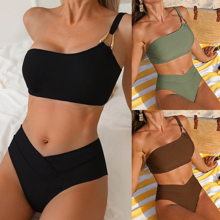 Dame Højtaljet Bikini-sæt med asymmetrisk top Skovae