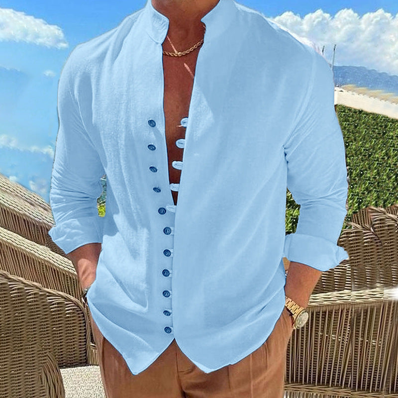 Herrer Mode Leinenbluse med Henley-krave og knapdetalje Stilla