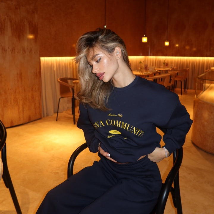 Kvinders afslappede oversized sweatshirt sæt med moderne bogstaver og elastisk taljeband