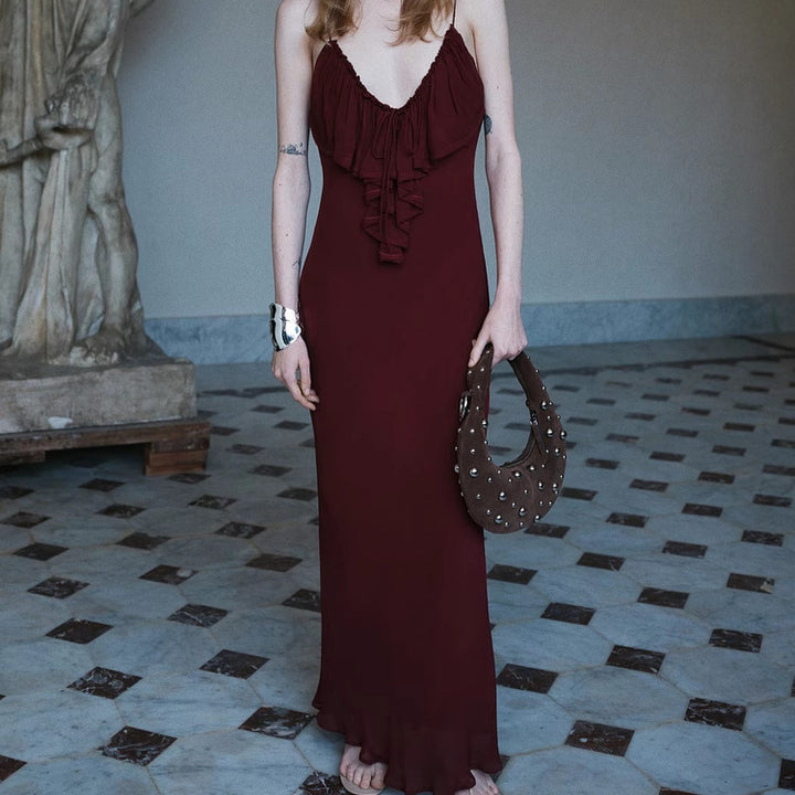 Femme Rynk Chiffon Maxi Kjole med justerbare stropper Stilla