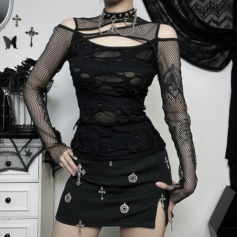 Dame Mode top med transparent mesh design og raffinerede cut-outs Skovae