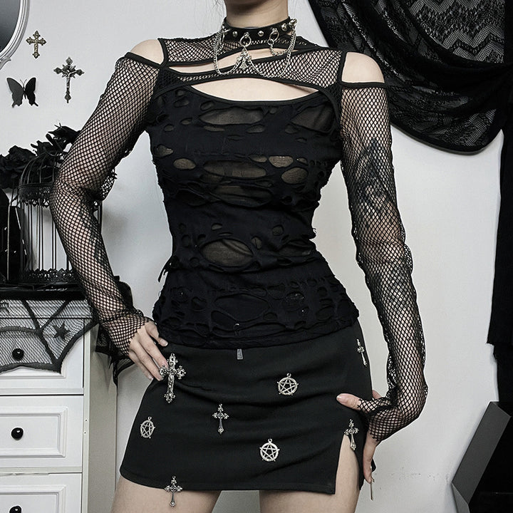 Dame Mode top med transparent mesh design og raffinerede cut-outs Skovae