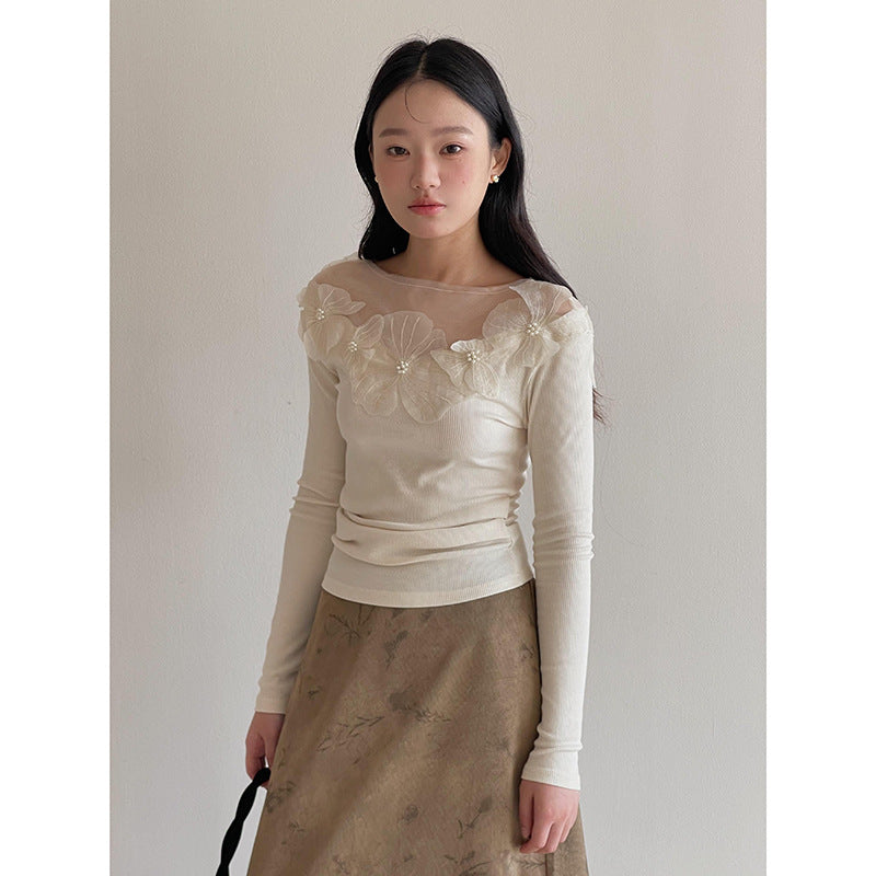 Dame elegant blouse med blomsterlignende spidskant og gennemsigtig krave Stilla