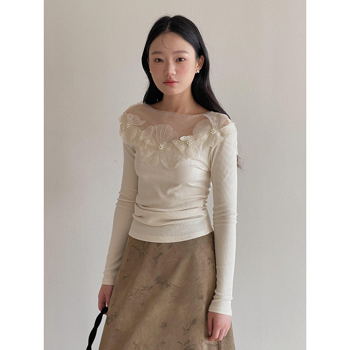 Dame elegant blouse med blomsterlignende spidskant og gennemsigtig krave Stilla