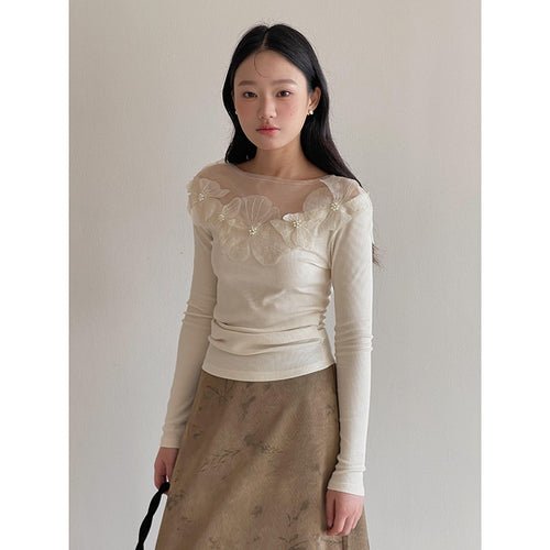 Dame elegant blouse med blomsterlignende spidskant og gennemsigtig krave Stilla