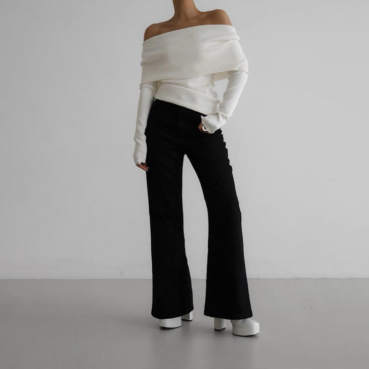 Femme Off-Shoulder Strikpullover og Flare Bukser Sæt Stilla