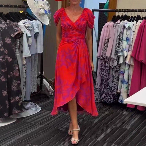 Dame nan festligt chiffon midikjole med krydset V-udskæring, taljeophækning og asymmetrisk tulipan skirt Skovae