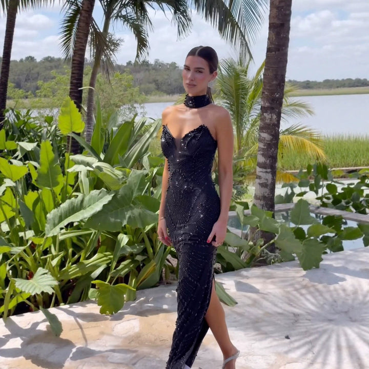 Dame Glamourøs Aftenkjole med Glitrende Detaljer og Slim Fit