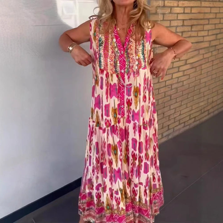 Dame Maxikjole med farverigt mønster og elegant broderi Stilla