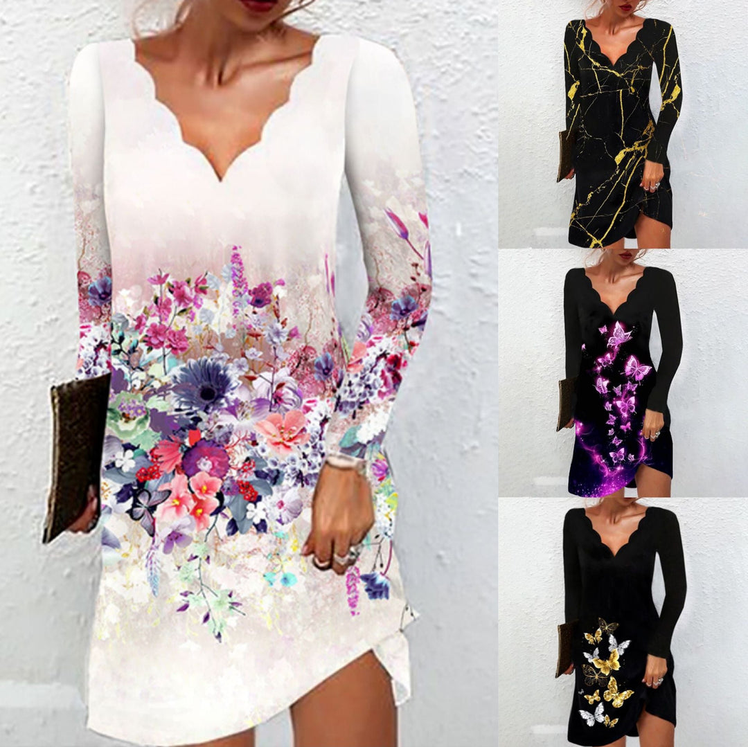 Stilla | Chic Printed Wave V-hals Langærmet Kjole