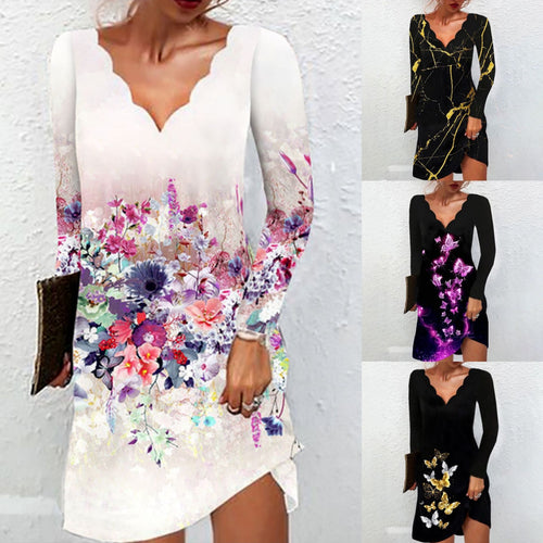 Stilla | Chic Printed Wave V-hals Langærmet Kjole