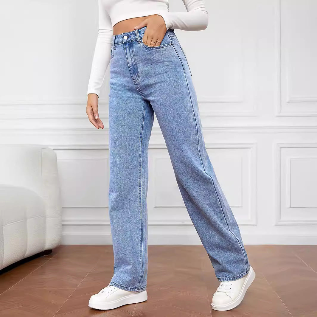 Kvinder Bred Skåret Høj Talje Jeans med Casual Look og Klassiske Lommer Stilla
