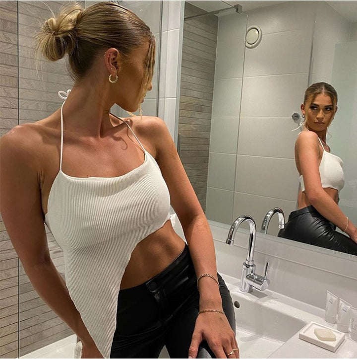 Damer asymmetrisk Crop-Top med fint ribdesign og dyb udskæring Skovae