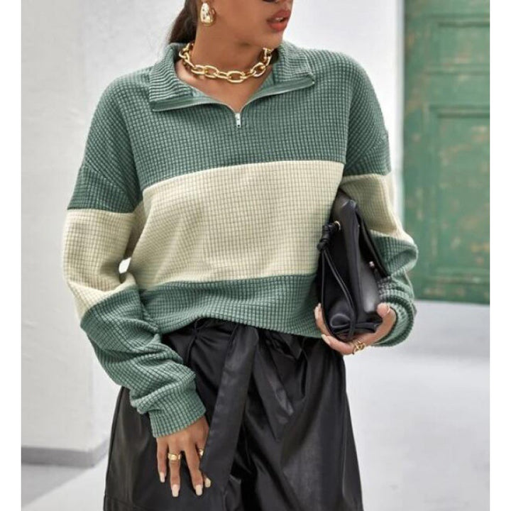Kvinders sweater med lynlås og blokstriber Stilla