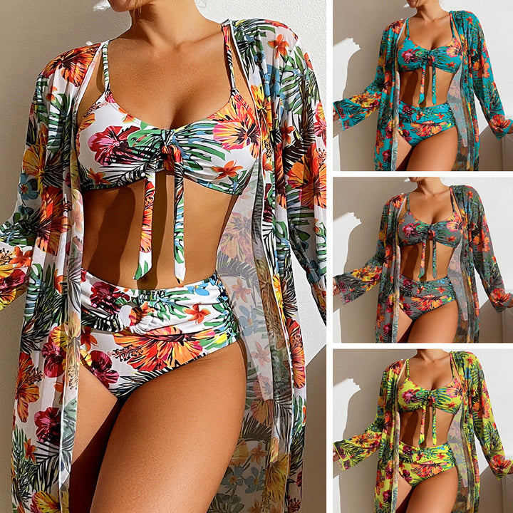 Dame bikiniset med blomster kimono og bindebånd Stilla