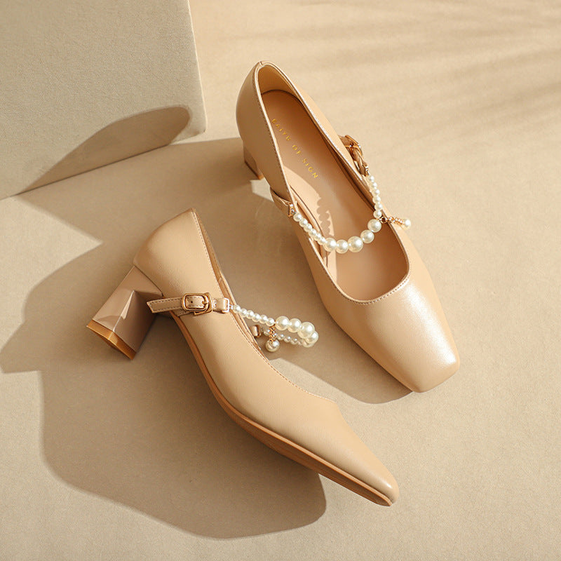 Femme Elegante Chunky-hæls-Mary-Jane-sko med perle-detalje Stilla