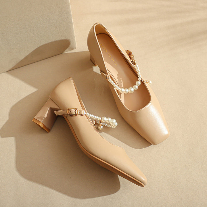 Femme Elegante Chunky-hæls-Mary-Jane-sko med perle-detalje Stilla